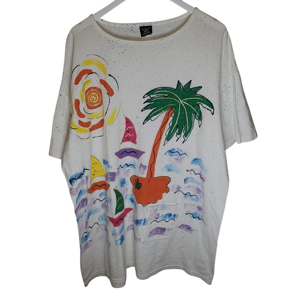 Vintage 80s 90s Wear Abouts Puffy Paint T Shirt Dress OS Tropical Single Stitch